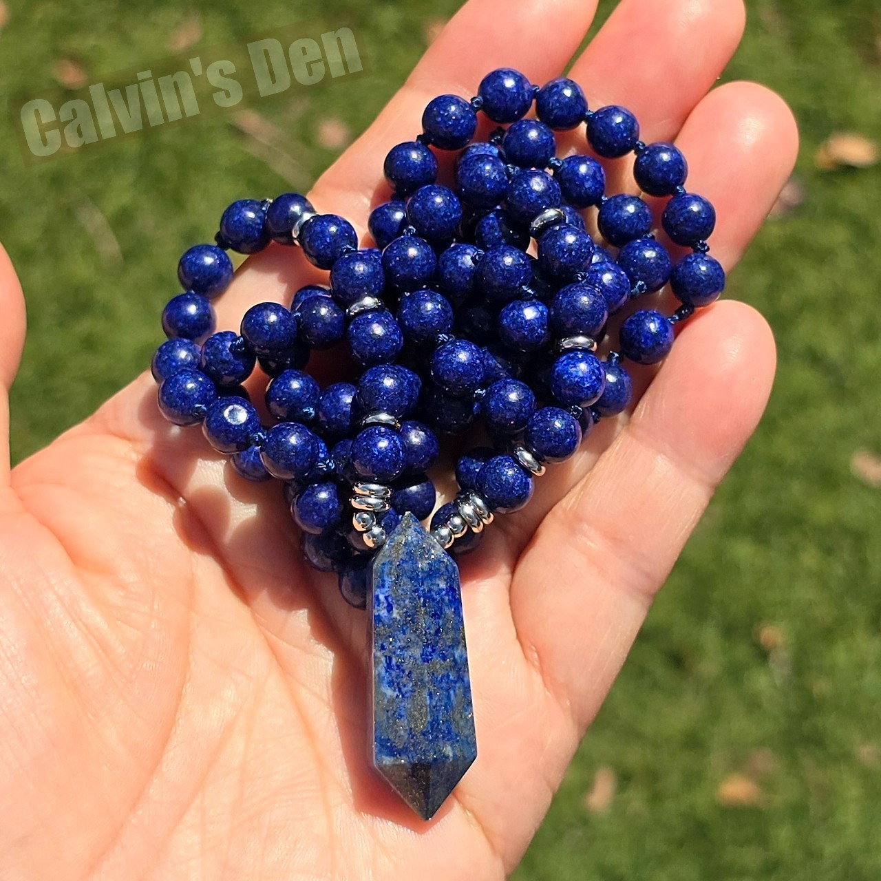 Lapis Lazuli Bead Necklace + Lapis Lazuli Crystal Point Pendant Handmade Gift