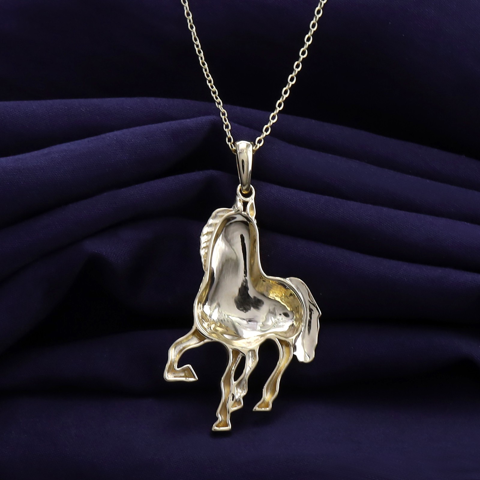 Wild Equine Horse Pendant Necklace In 14K Yellow Gold Plated Sterling 18″ Chain