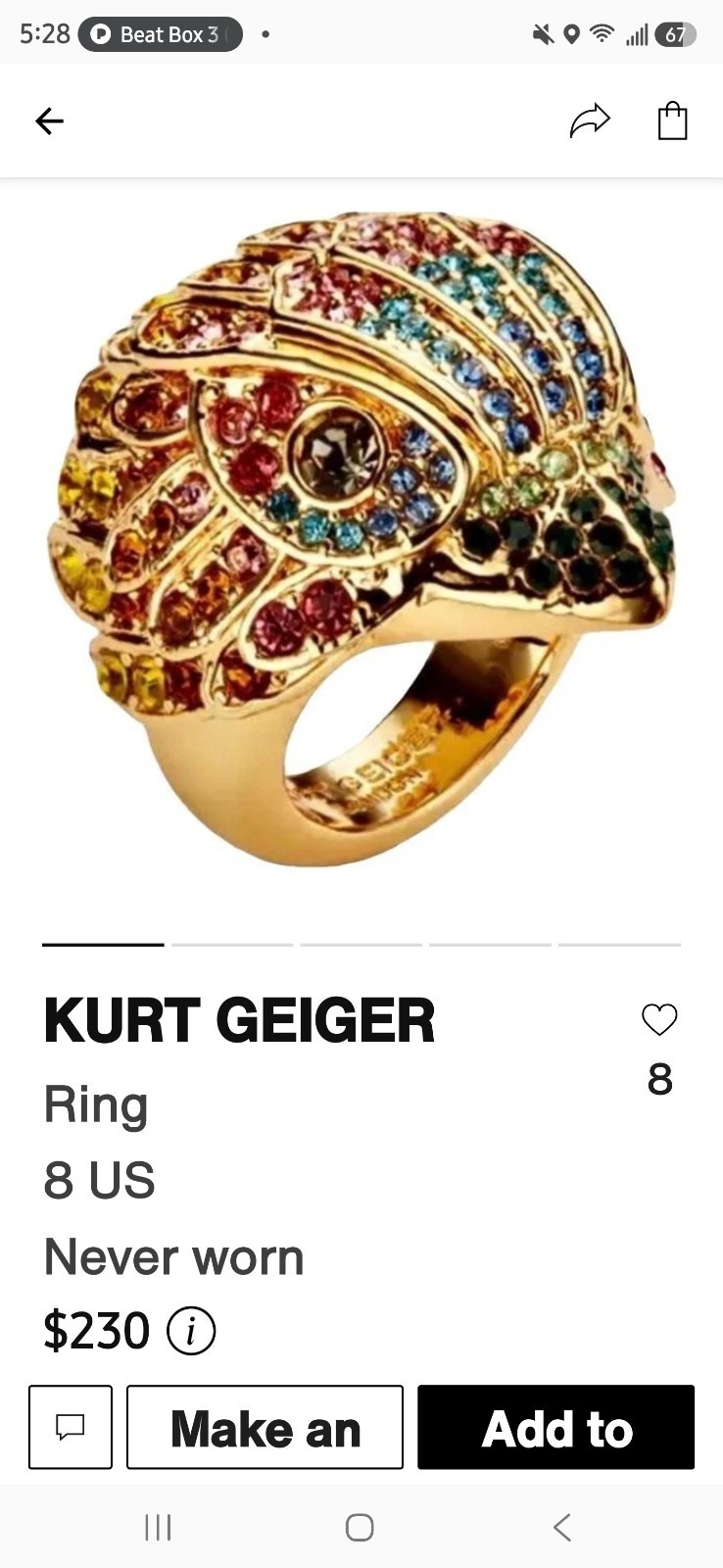 Kurt Geiger Eagle Bird Colorful Crystal | Ring Size 8 | New tags + box