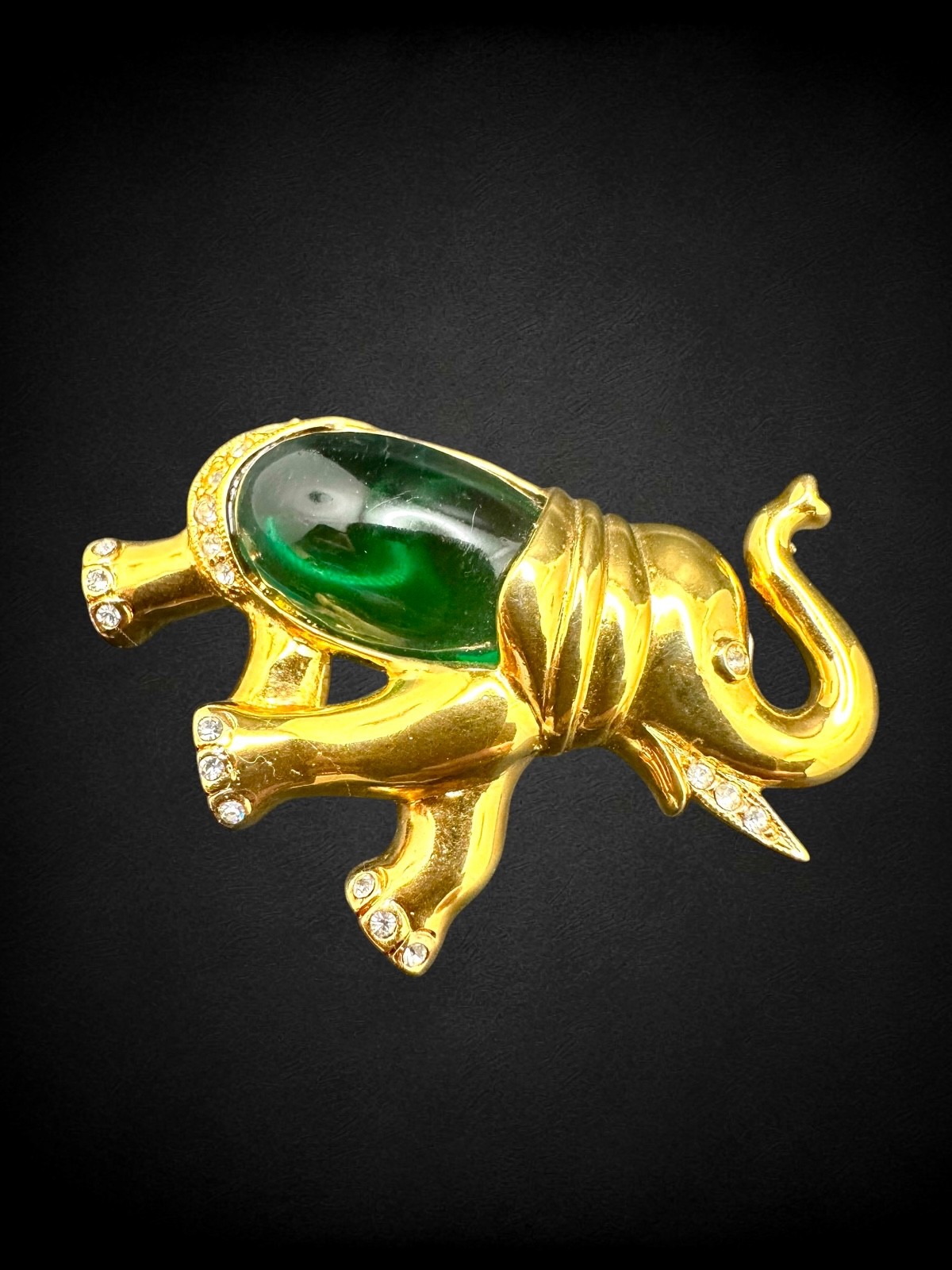 Vintage Marcel Boucher Green Jelly Belly Elephant Brooch Goldtone Rhinestone Pin
