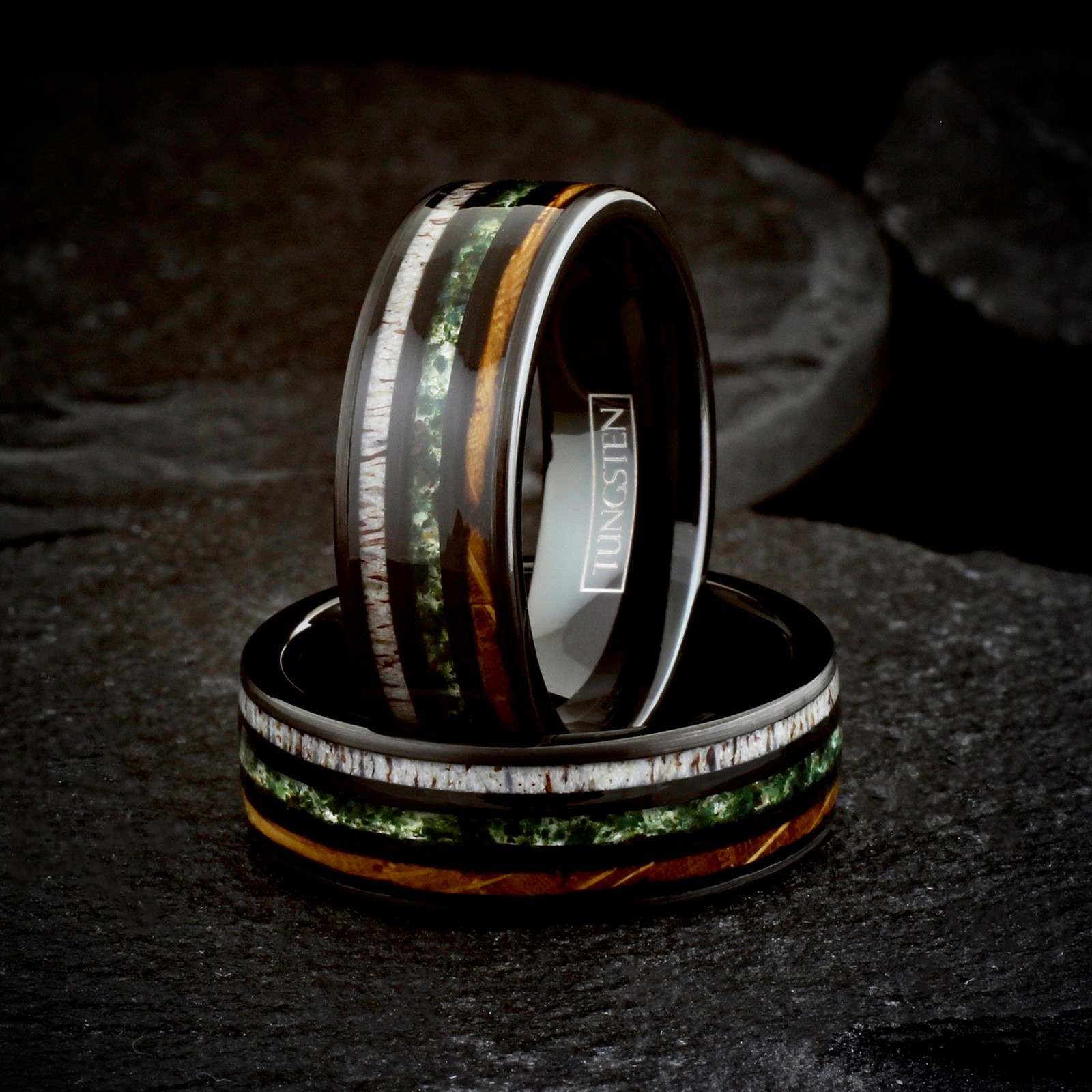 Black Tungsten Carbide Moss Agate Deer Antler Whiskey Barrel Band Ring