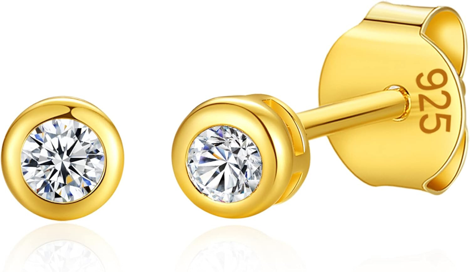 14K Gold Plated 925 Sterling Silver Cubic Zirconia round Bezel Set Stud Earrings