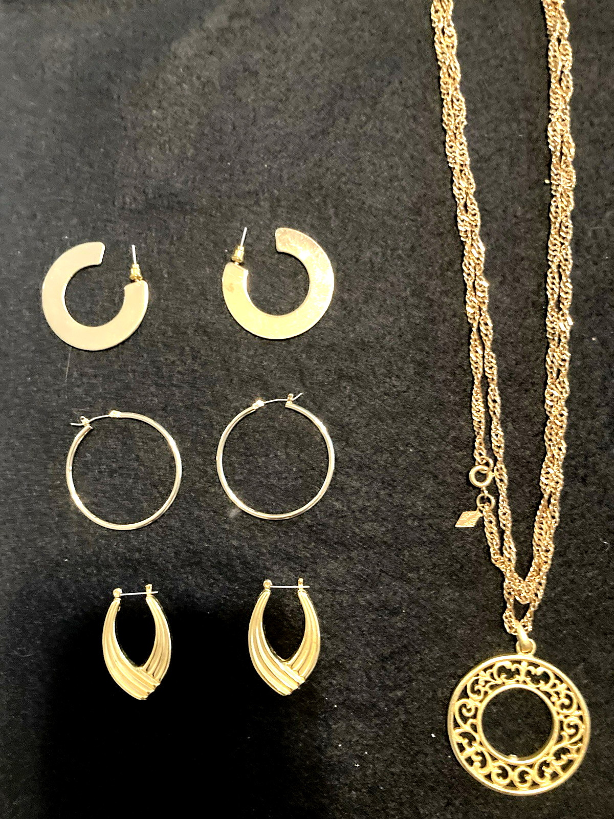 Gold Tone 3 Pairs of Hoop Earrings and a Sarah Coventry Necklace Jewelry Bundle