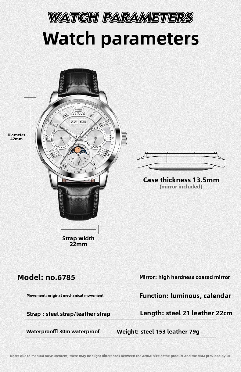 OLEVS Moon Phase Automatic Mechanical Men Watch Self-wind Skeleton Leather Band