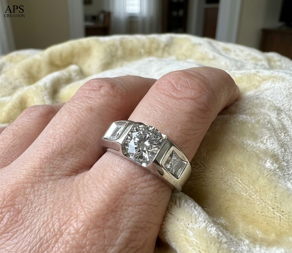 4Ct Round Moissanite Men’s 3 Stone Wedding Ring 14K Vermeil White Gold Finsih
