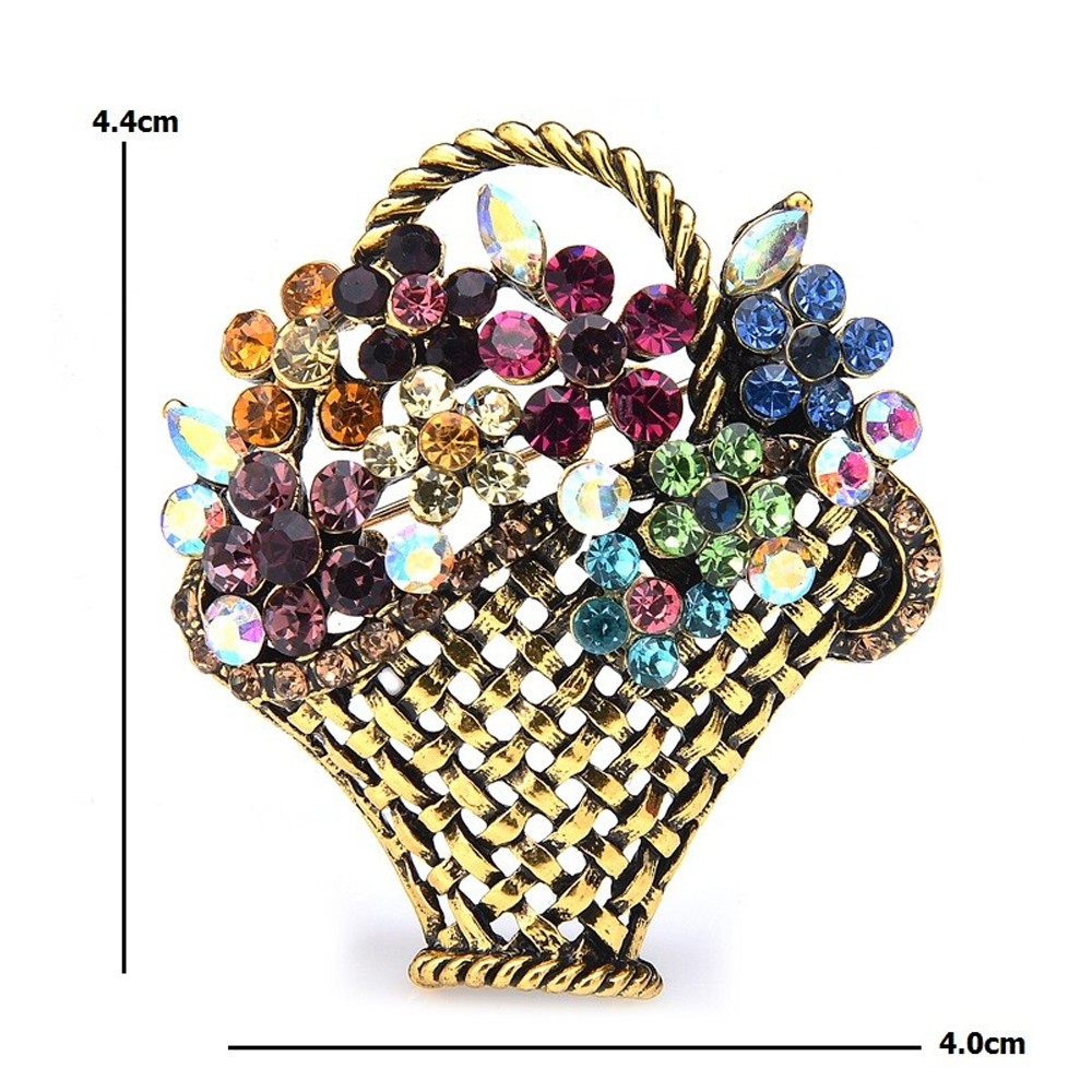Flower Basket Bouquet Brooch Pin with Rhinestones Gold Tone Metal Vintage Style