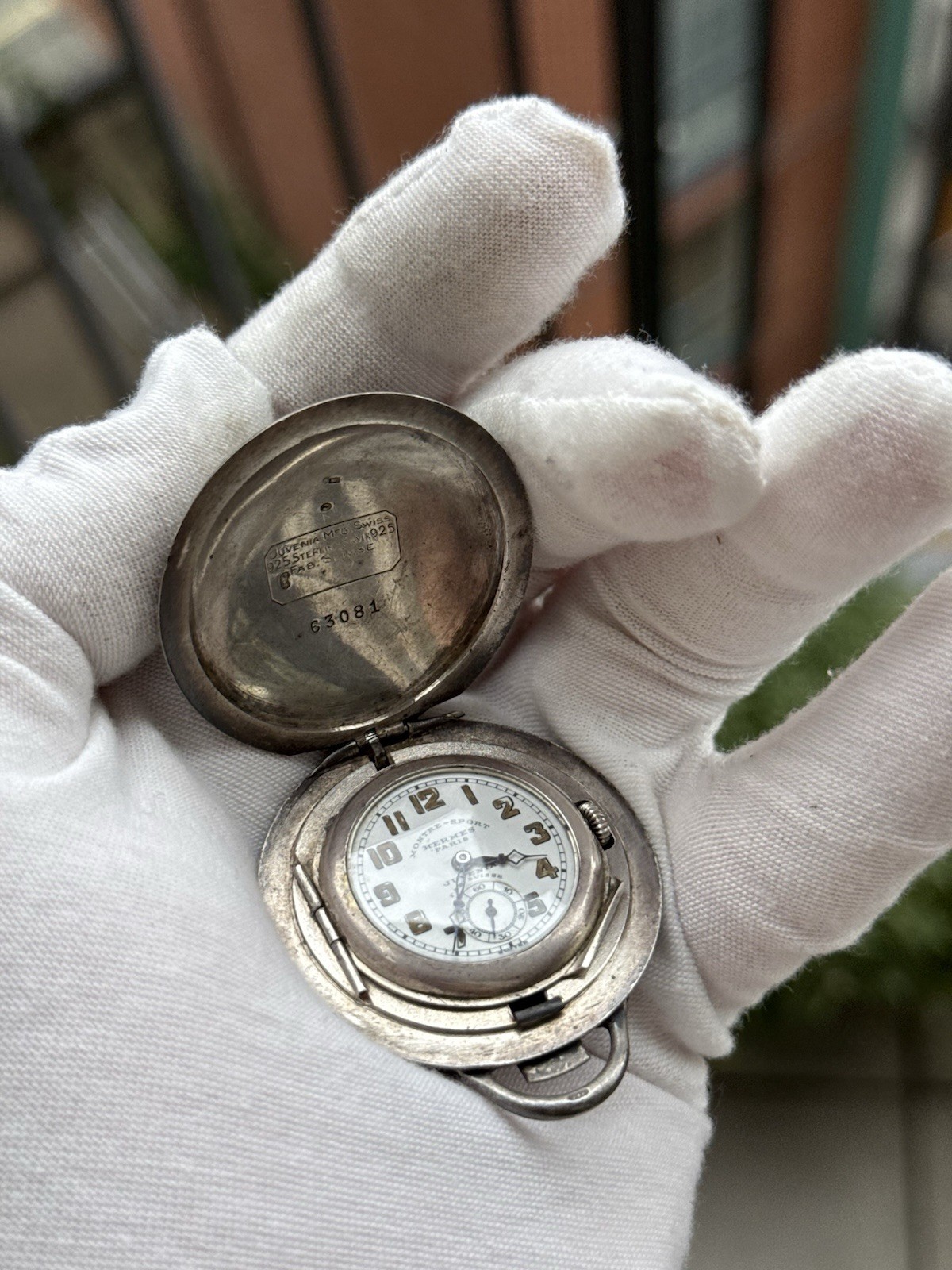 Rare 1920s Art Deco Silver Pocket Watch Hermès Paris Montre-Sport by Juvenia VGC