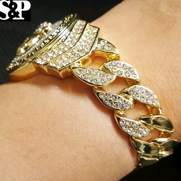 Hip Hop 14K Gold Plated 8.5″ CZ Full Iced Praying Hands Cuban Fashion Bracelet
