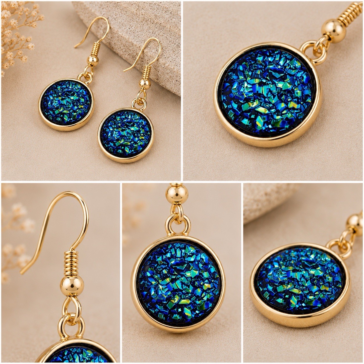 Light blue Druzy Resin Dangle Earrings, Gold Tone Minimalist Jewelry