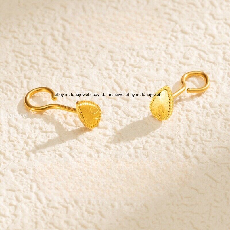 Pure 999 24K Yellow Gold Women Mini Lucky Teardrop Stud Earrings 0.5-0.55g