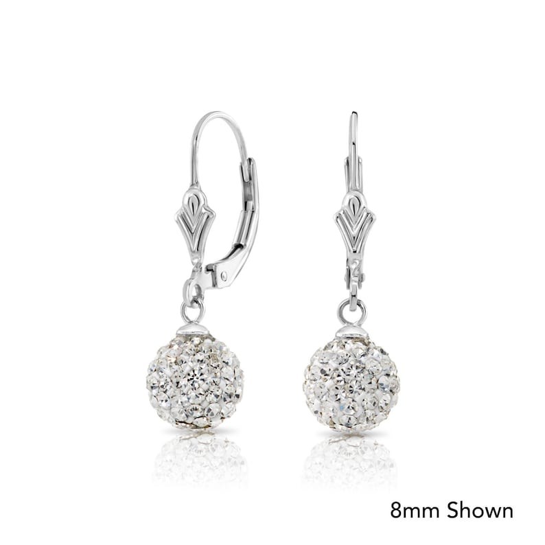 925 Solid Sterling Silver Sparkle Crystal Ball Dangle Hoops Earrings All Size