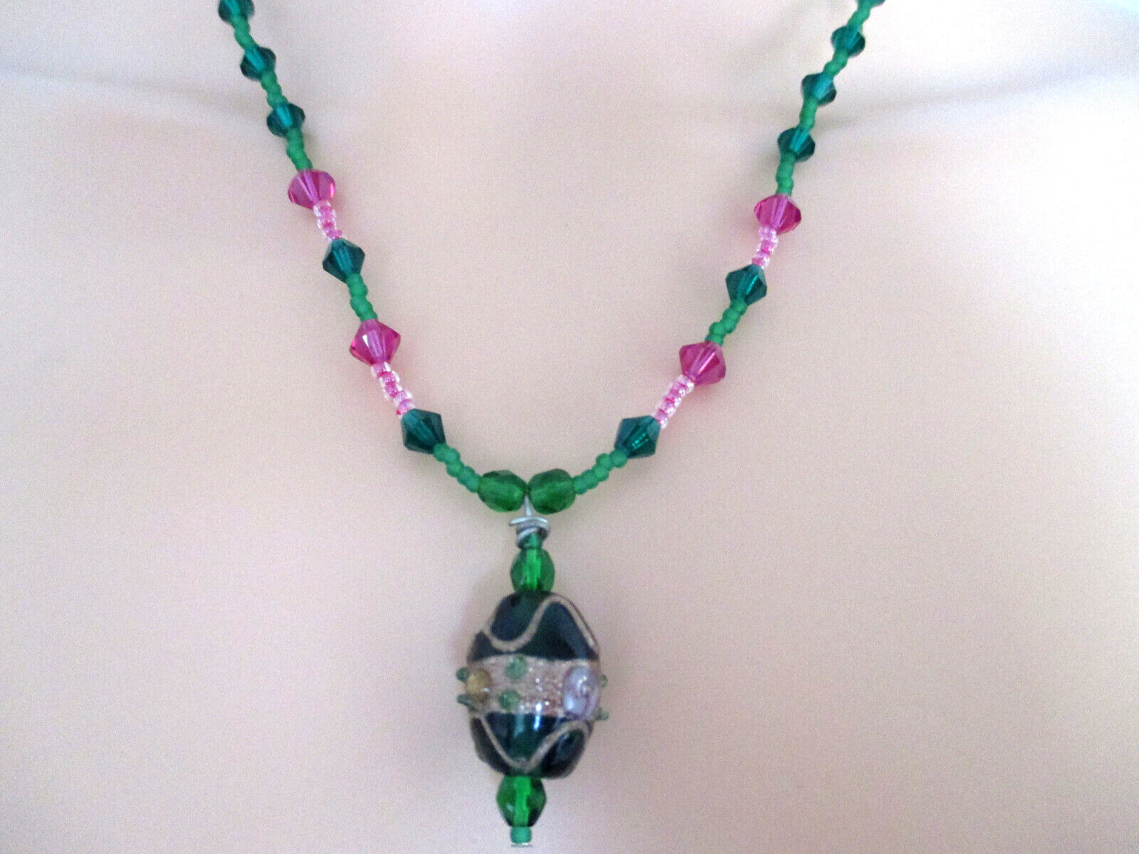 Beaded Necklace Dark Green Bronze Tone Barrel Pendant Green & Pink Beaded Chain