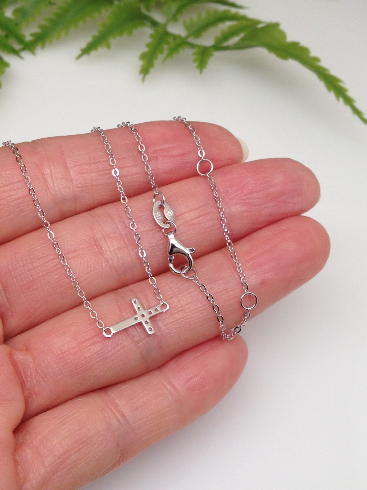 925 Sterling Silver CZ Sideways Cross Pendant Necklace Dainty 9.5mm 17.75″ Women