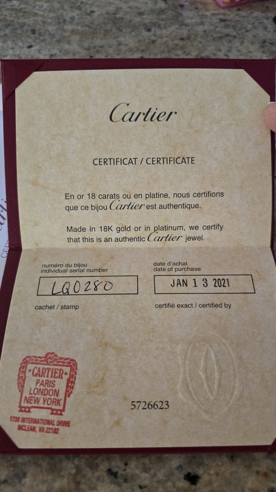 Cartier Guarantee Red Booklet Certificate 18k gold750/1000 platinum