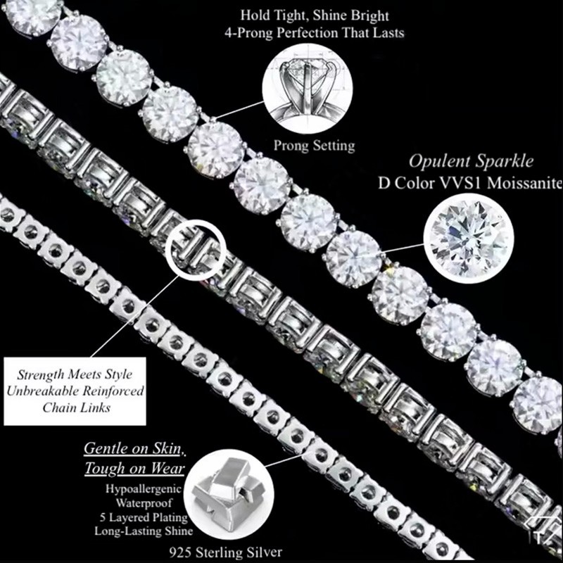 2.5-6.5mm Round Moissanite Tennis Bracelet Women Men 925 Sterling Silver Chain