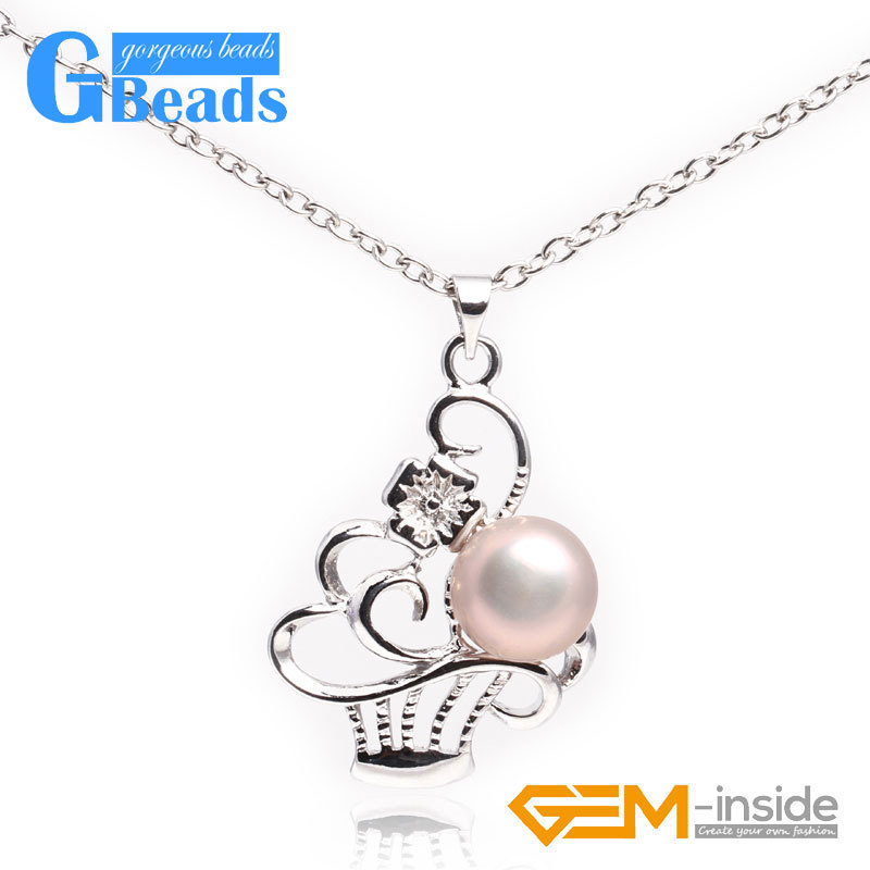 White Gold Plated Basket Shape Freshwater Pearl Pendant Free Shipping 10-11mm