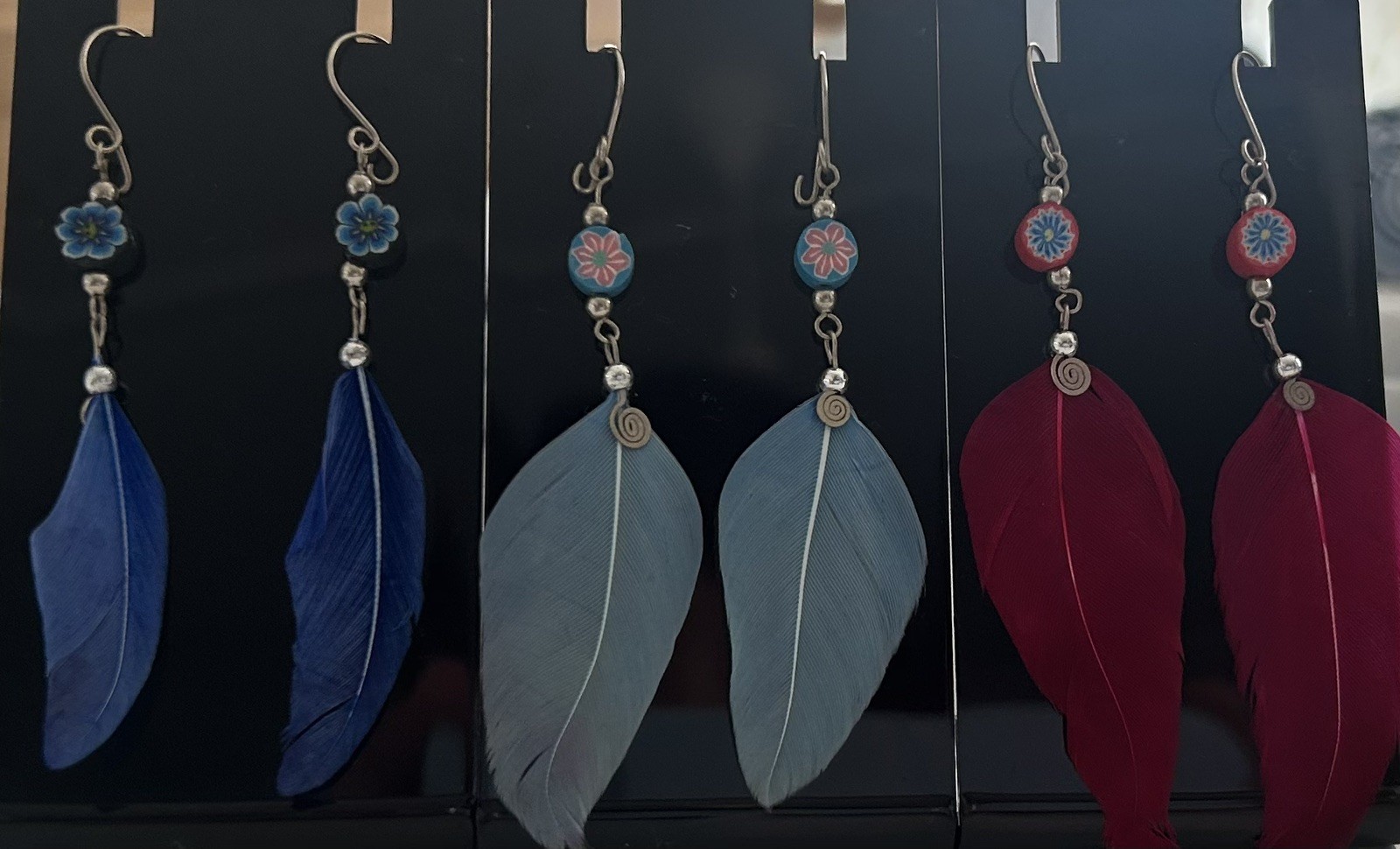 Set of 3 Feathers Alpaca Silver Gypsy Dangle Earrings
