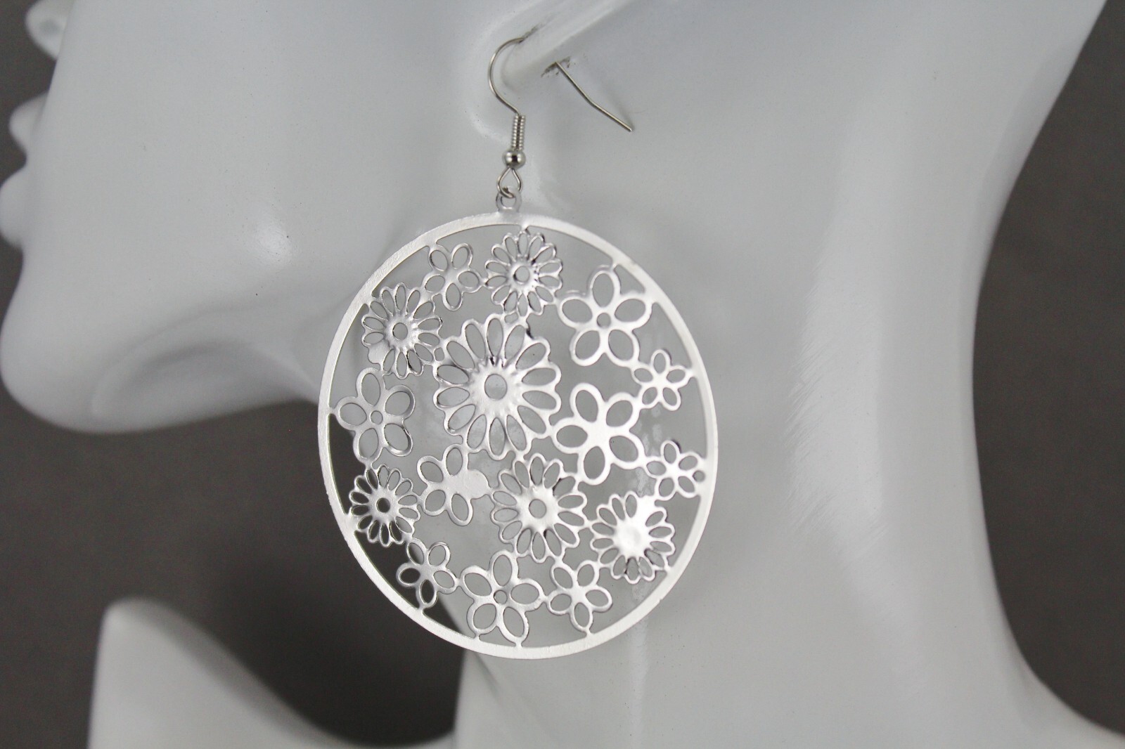Silver flower filigree round disc earrings medallion 2.75″ long very lightweight