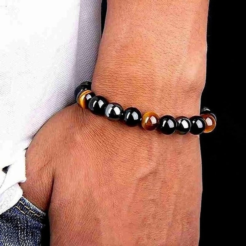 10mm Beaded Triple Protection Tiger Eye Obsidian Hematite Men Stretchy Bracelet