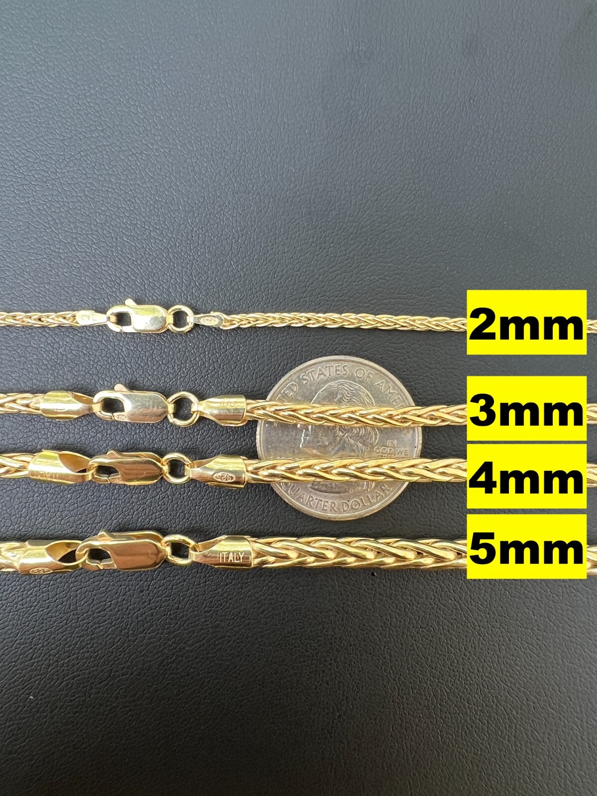 Real 14k Gold Plated 925 Sterling Silver Spiga Rope Wheat Chain Necklace 2-5mm