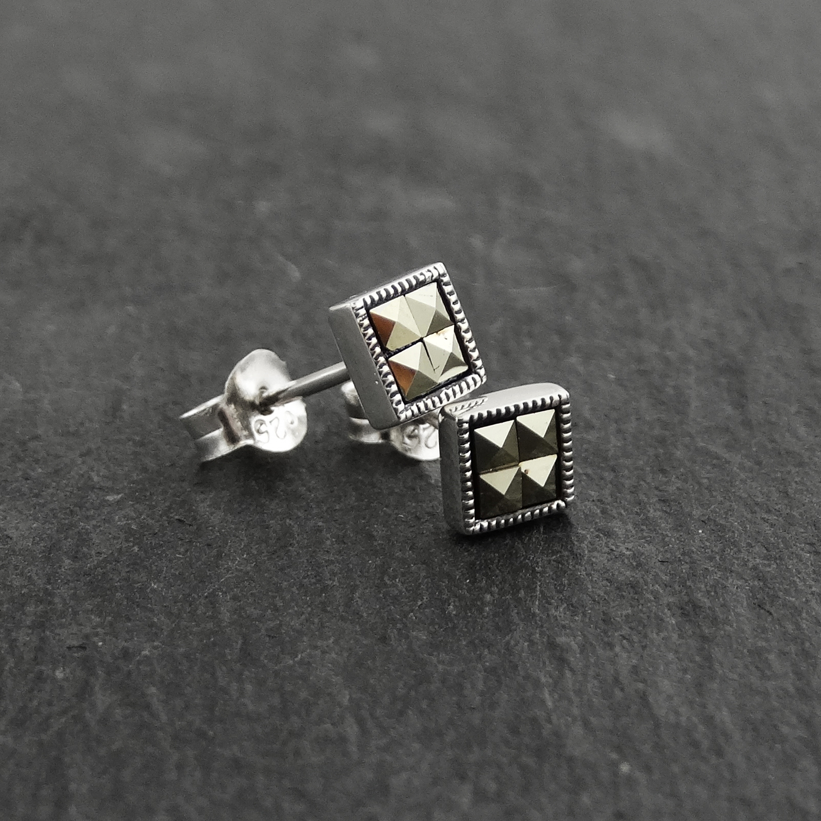 Square Marcasite Post Earrings – 925 Sterling Silver – Stud Squares Gift NEW