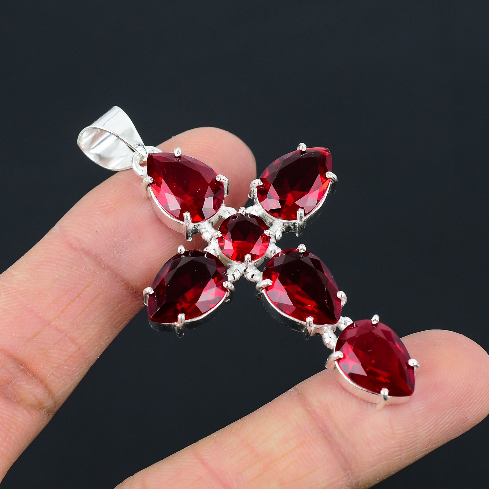 Garnet Ethnic Handmade Cross Design Pendant Jewelry Party Wear 2.6″ CP 007