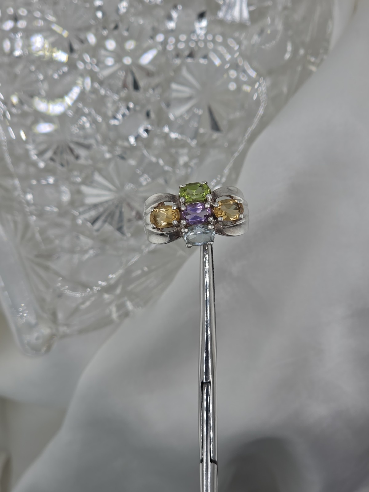 Vintage Sterling Silver 5 Gemstone Cluster Ring Amethyst Peridot Citrine Sz 7.5