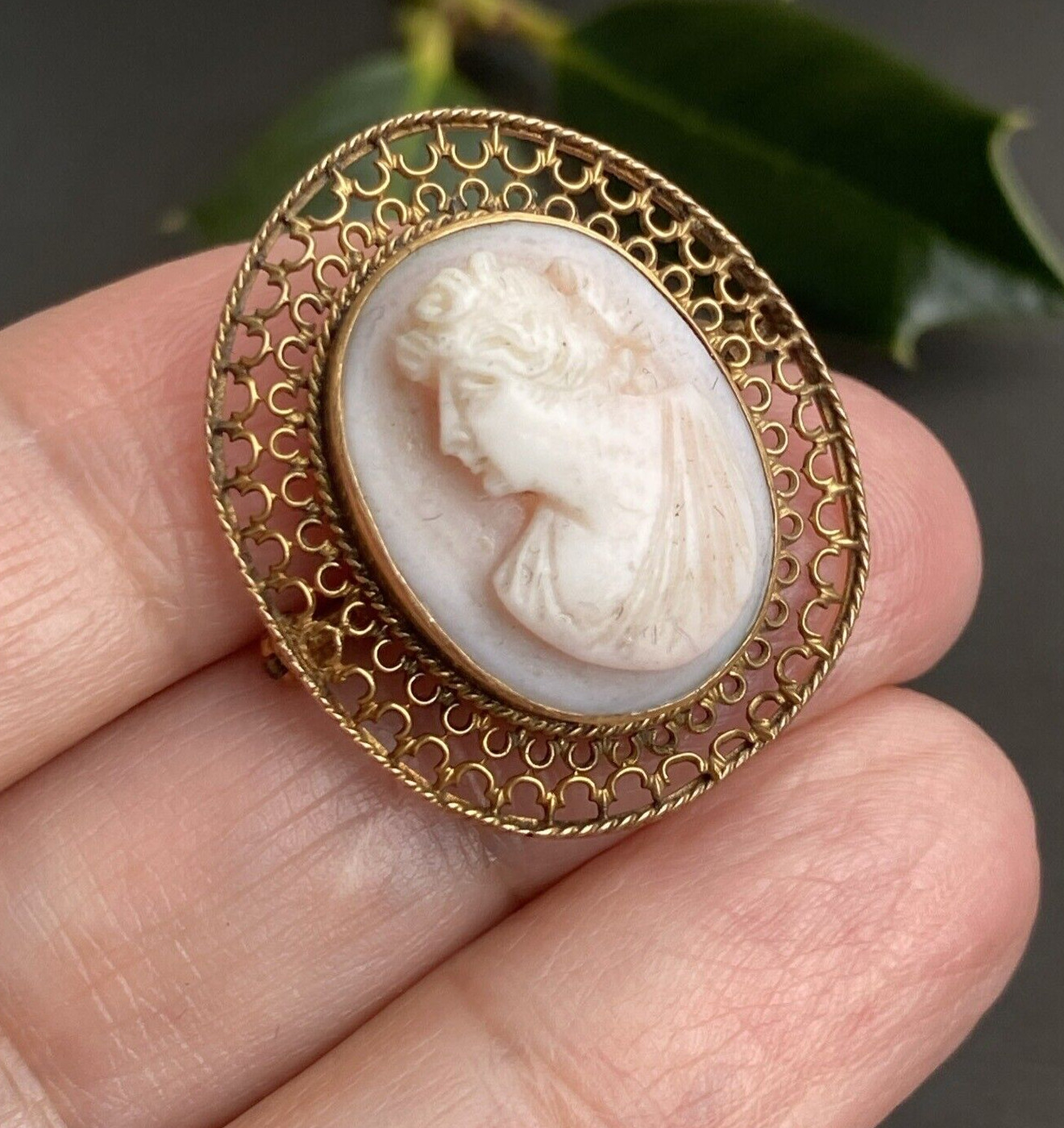 14K Yellow Gold Coral Cameo Brooch Antique Goddess Beauty Profile Fine Jewelry