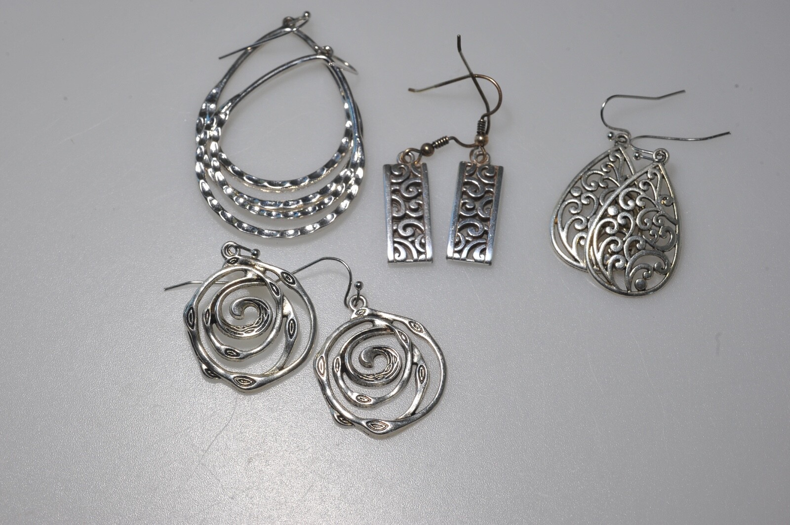 LOT Pierced Earrings Dangle Drop Silver Tone scroll hoop wire MN10