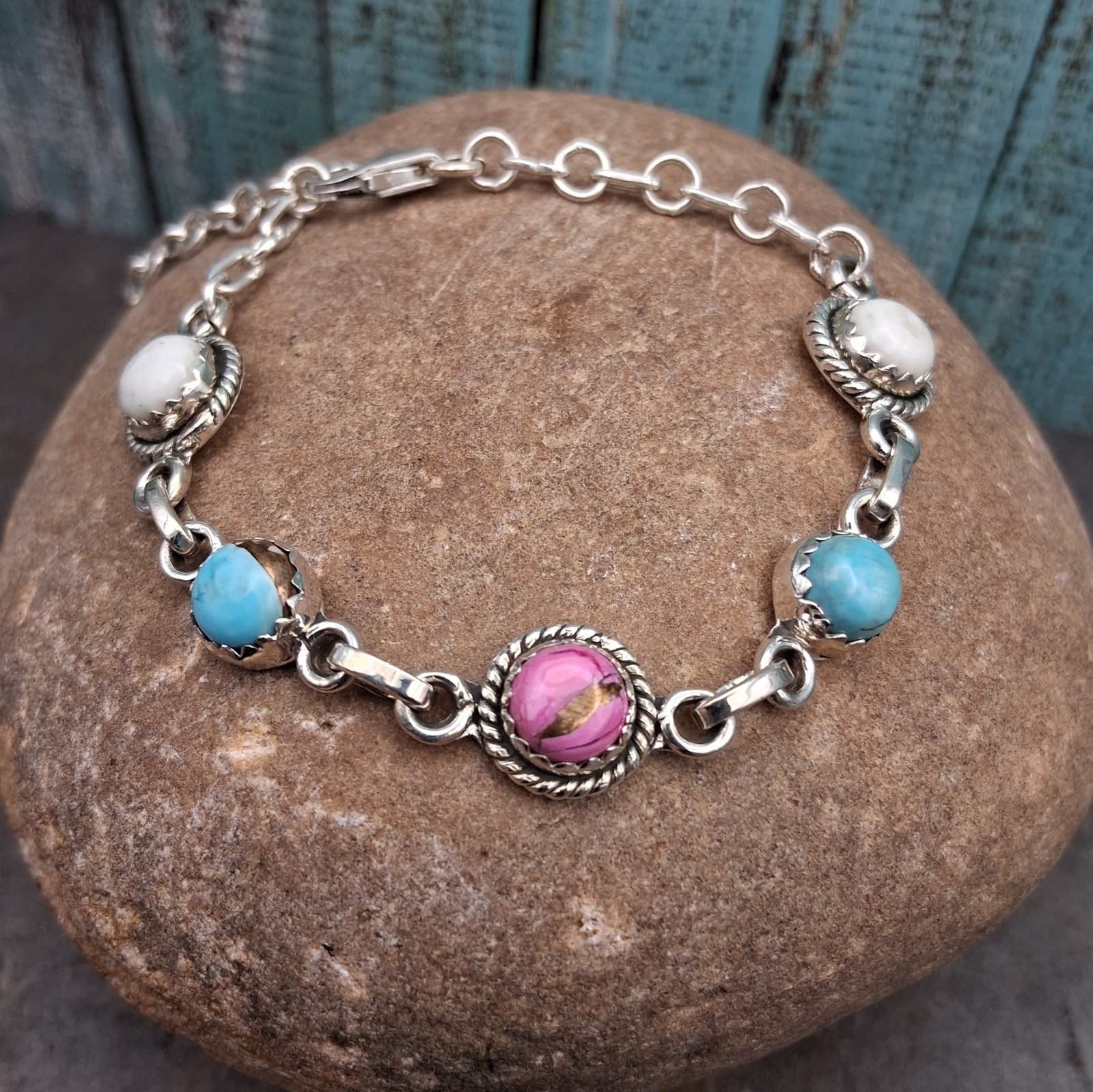 Cotton Candy Turquoise Bracelet Multistone Adj 6-8″ Sterling Silver Southwestern