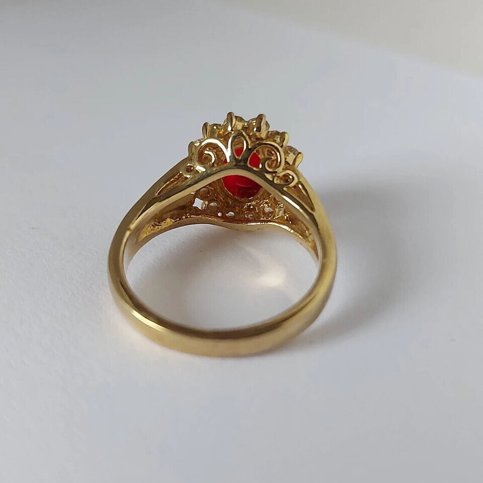 2Ct Oval Cut Lab-Created Red Ruby 14K Yellow Gold Plated Engagement Halo Ring