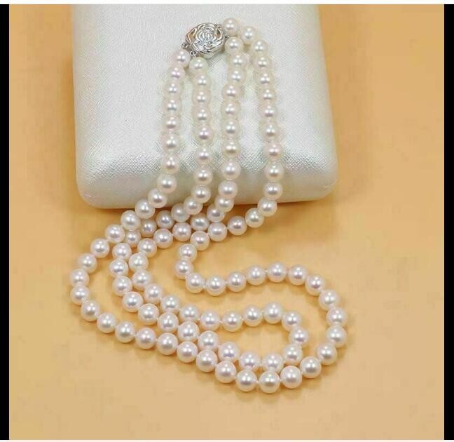 Double Strand AAAA 9-10mm Natural round Akoya White Pearl Necklace 24 inch 925s