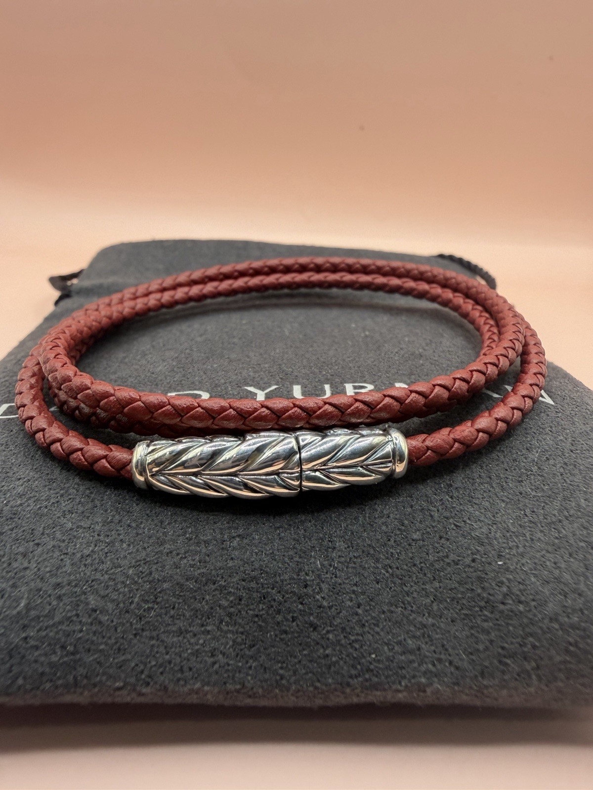 David Yurman Sterling Silver Leather Chevron Triple Red Wrap Bracelet Medium