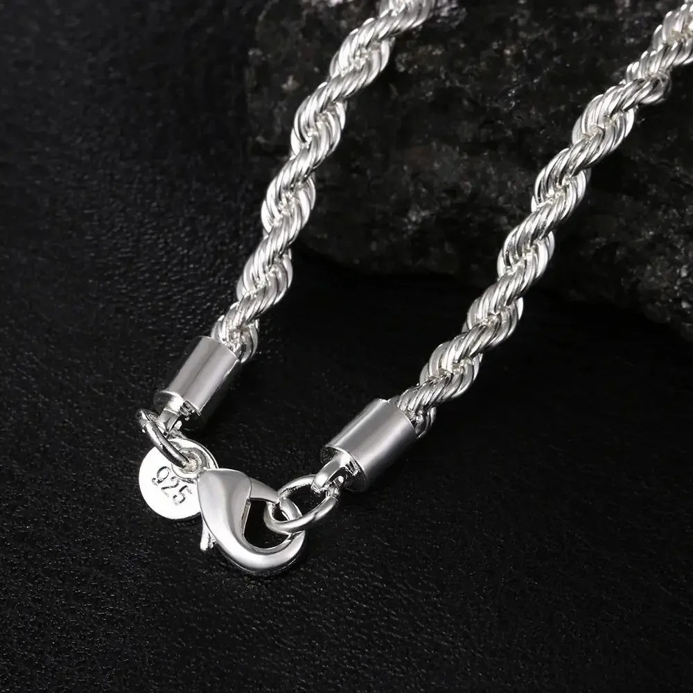 4mm Diamond Cut Solid 925 Sterling Silver Italian Rope Chain Men’s Necklace**