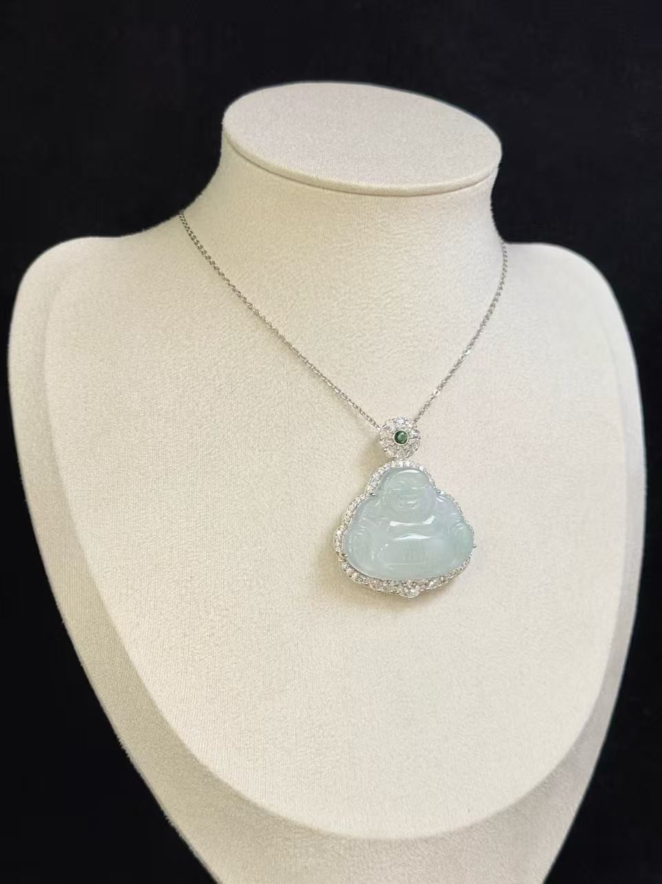 Natural sky blue jadeite Maitreya Buddha pendant