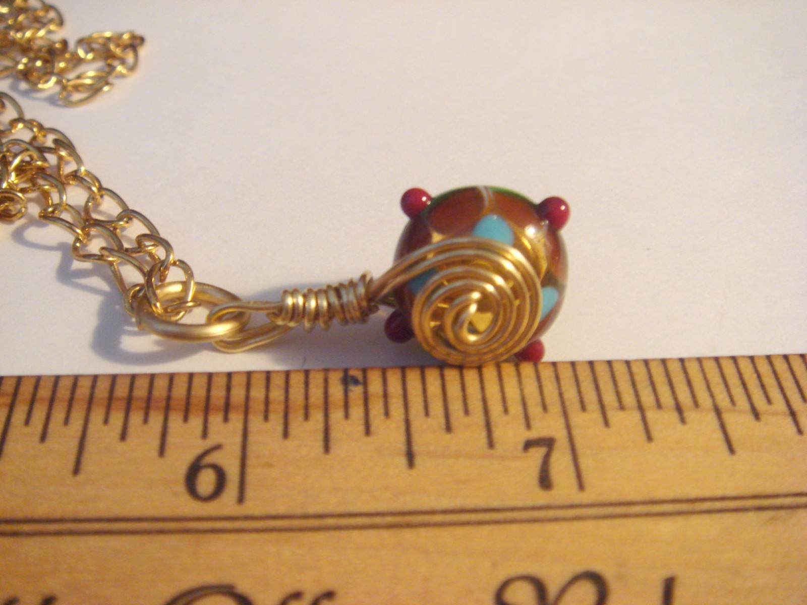 #227 A Unique Lamp Work Bead Pendant with Gold Chain Wire Wrapped One of a Kind