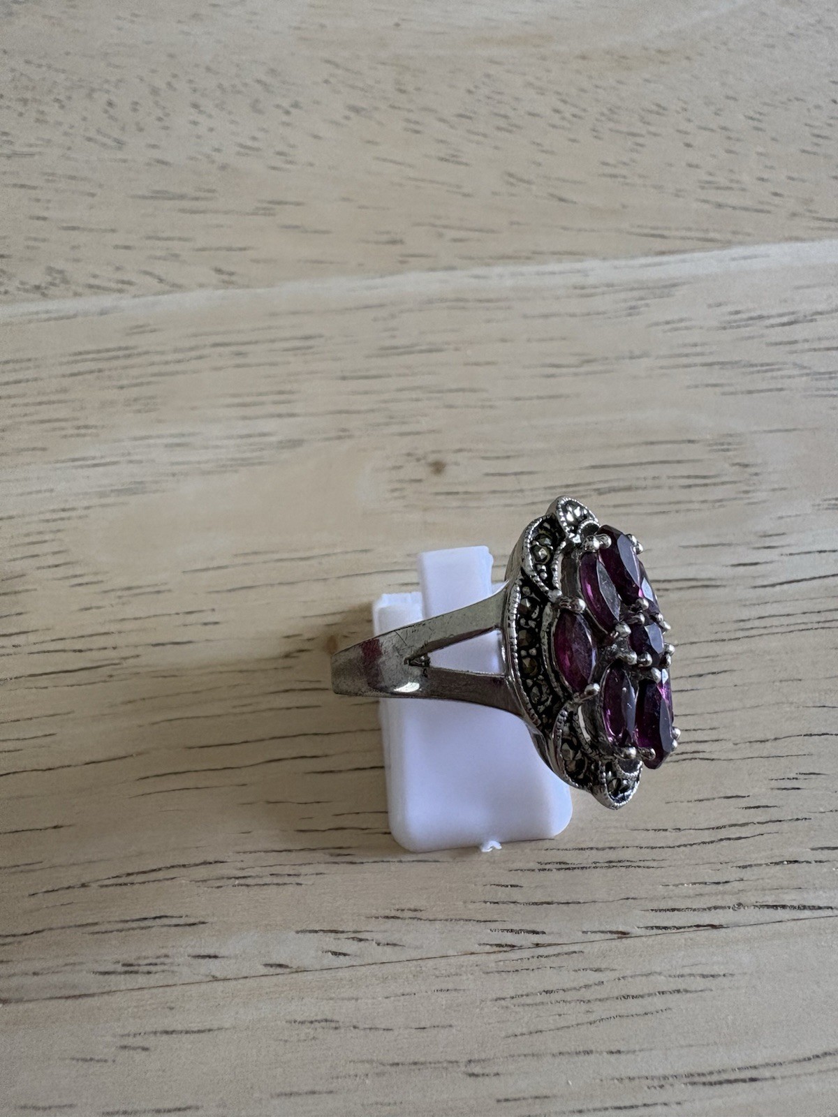 Silver Tone Cluster Cocktail Ring Purple Marquise-Cut Stones Size 9 Pre-Owned