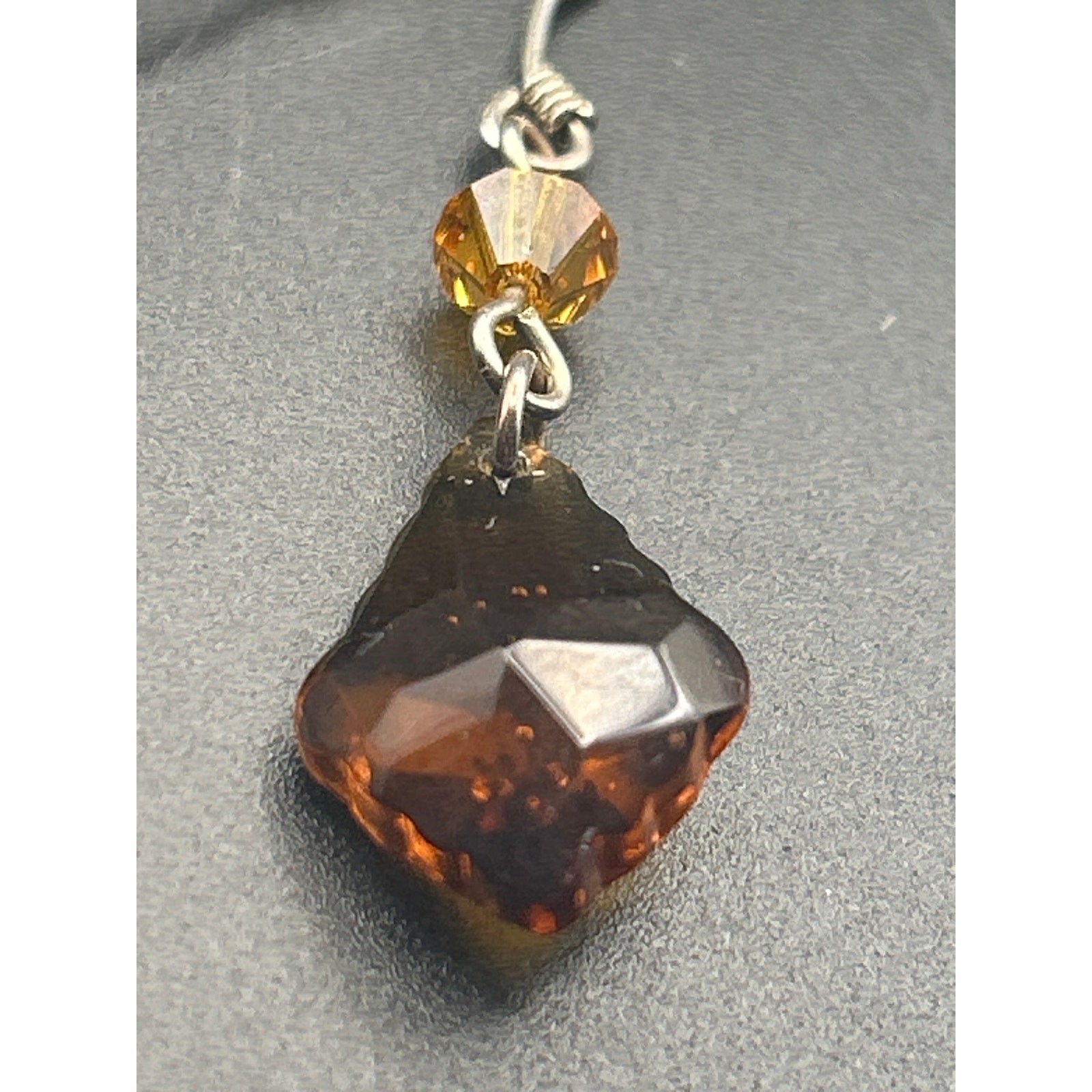Vintage Amber Faceted Dangle Earrings | Orange Bead Diamond Drop