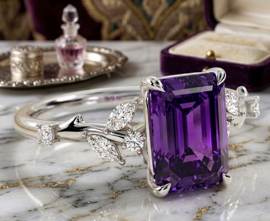 4.40 Ct Certified Emerald Cut Purple Natural Diamond Ring VVS1 White Gold Finish