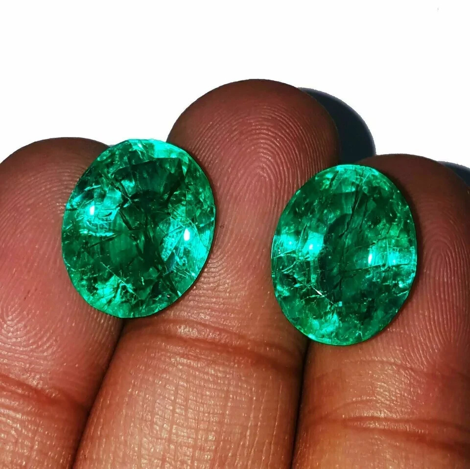 EGL Certified Pair 14.5 Ct Emerald Oval Cut Zambian Green Natural Loose Gemstone