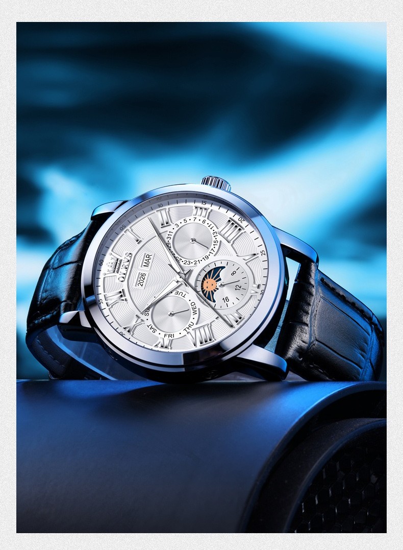 OLEVS Moon Phase Automatic Mechanical Men Watch Self-wind Skeleton Leather Band