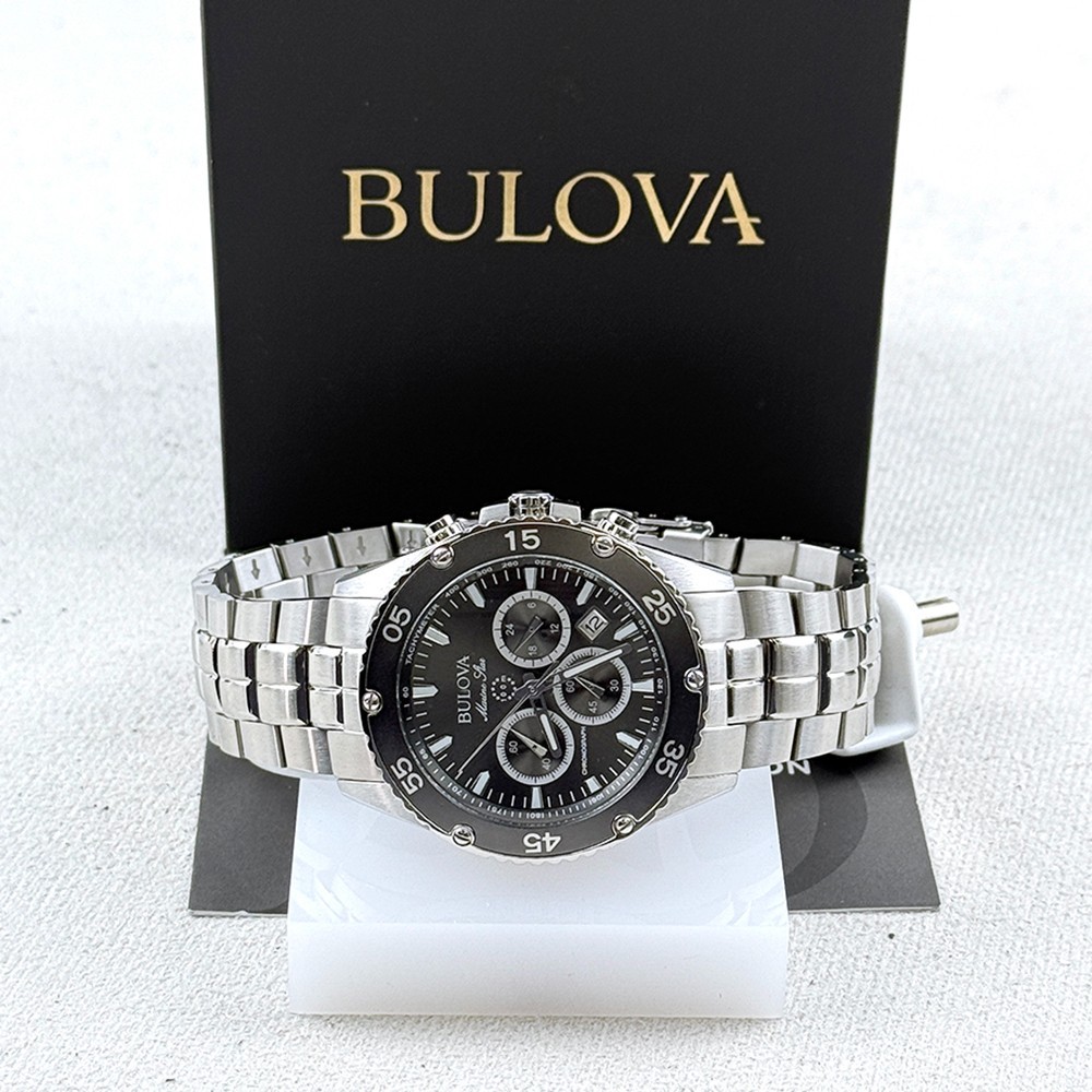 Bulova Men’s Marine Star 98B401 Chronograph Gray Dial Steel Quartz Watch 41.5mm