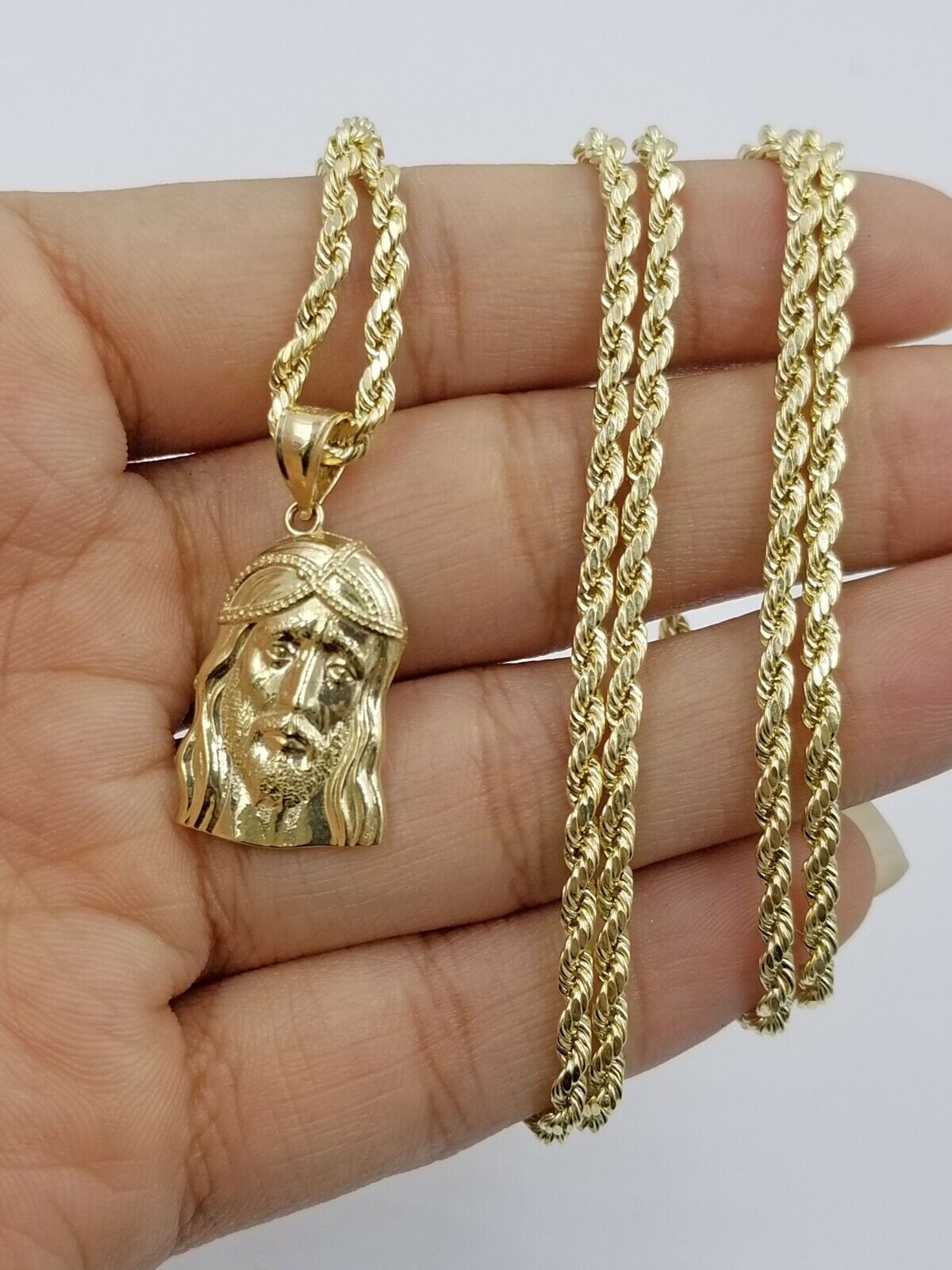 REAL 10k Rope Chain And Jesus head face Charm Pendant 3mm Necklace Set 16″-28″