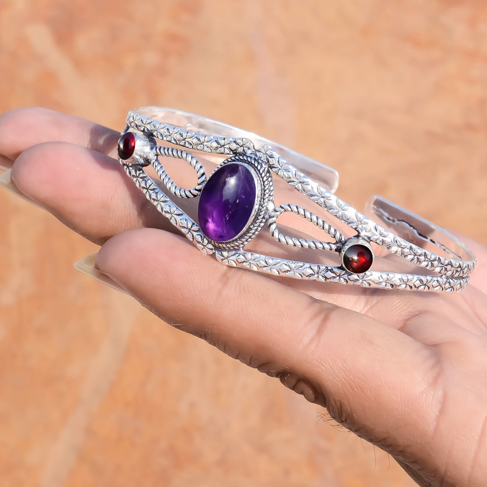 Purple Amethyst & Garnet Gemstone 925 Sterling Silver Bracelet For 1st Time Gift