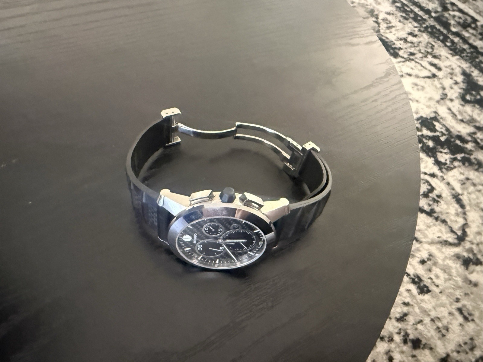 Movado Vizio Quartz Chronograph Date Black Dial Silver Case Rubber Strap
