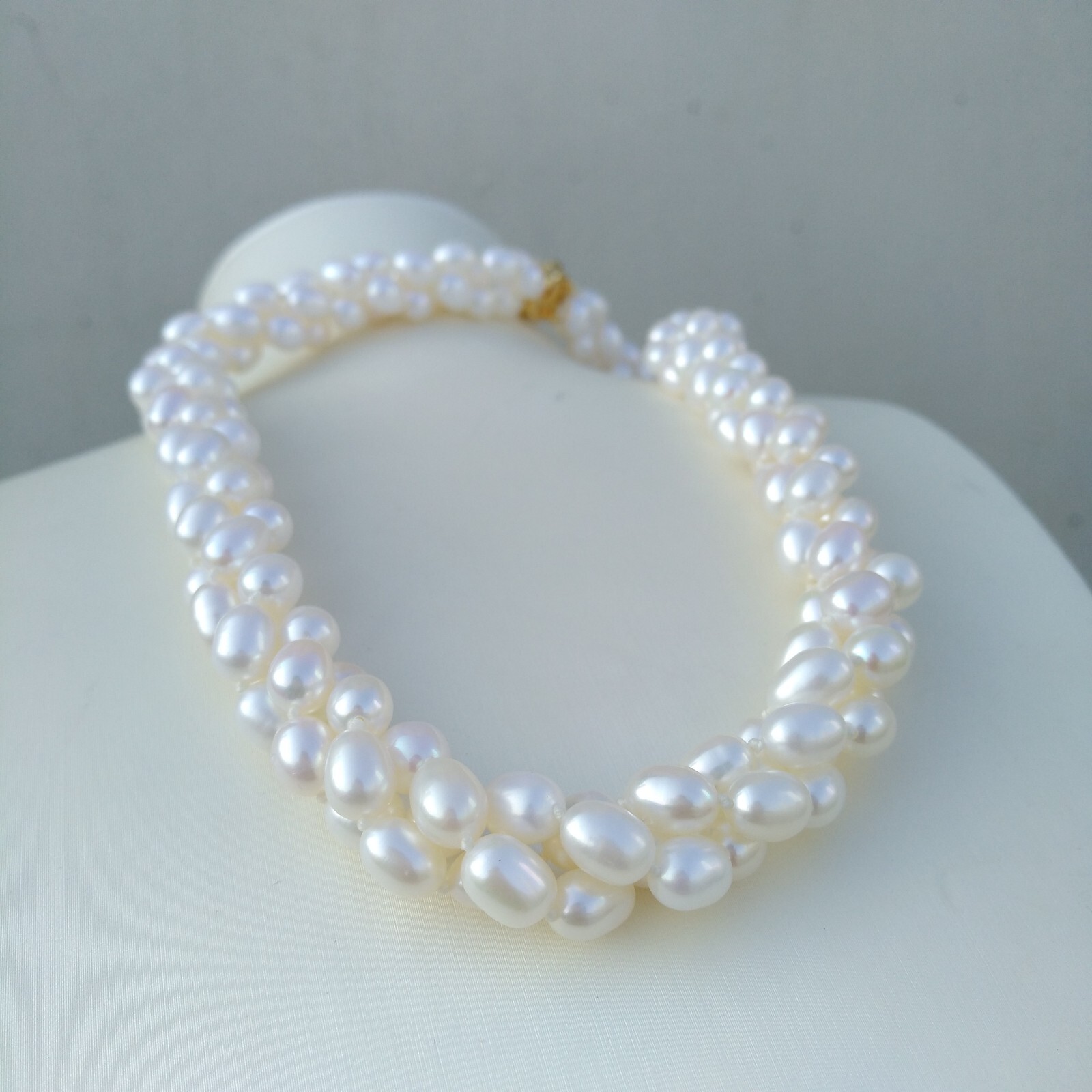 Fine 3 Rows Twist AAA+ Natural Akoya White Oval Pearl Necklace 17in 14k Gold P