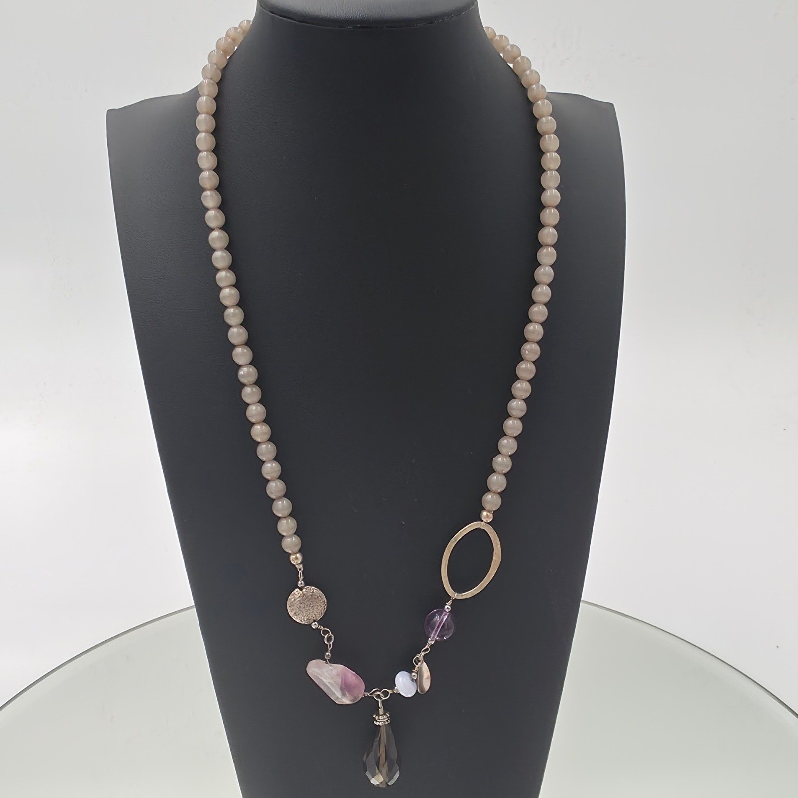 Beaded Necklace Women 22.5 In Tan Good Amethyst Smoky Quartz Asymmetric