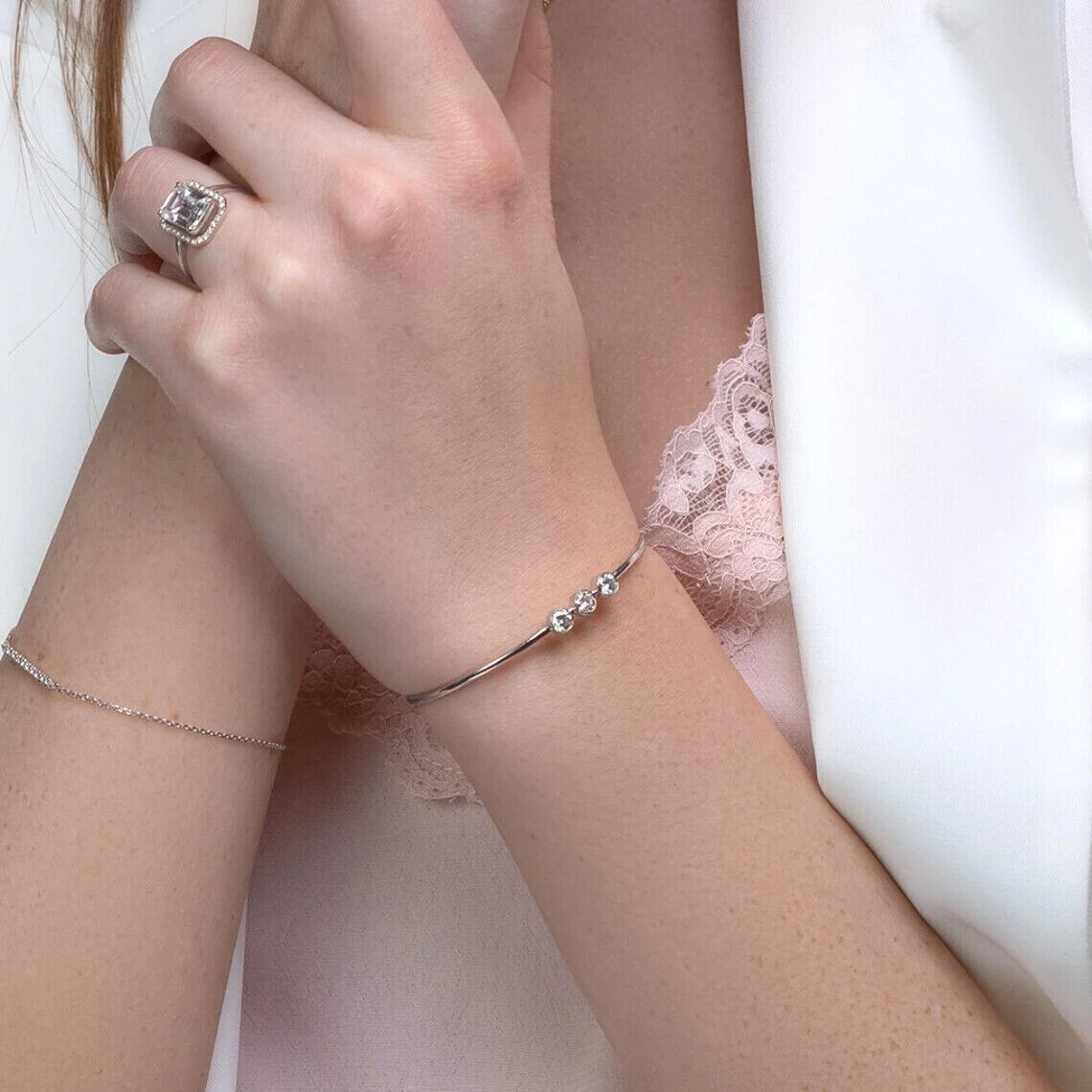 2Ct Round Cut Diamond Lab Created Bangle Bracelet 14K White Gold Finish