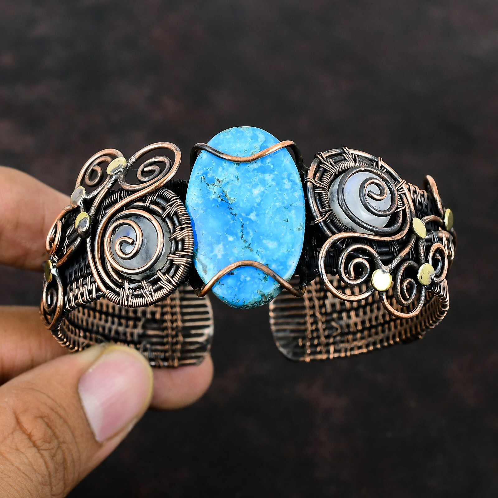 Arizona Turquoise Copper Gift For Bridesmaid Wire Wrapped Adjustable Cuff