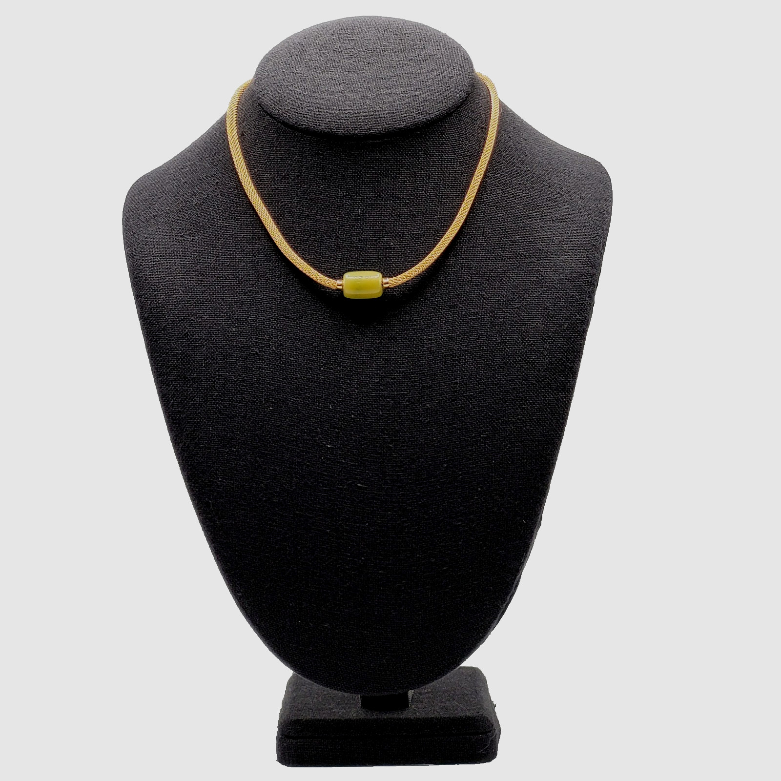 Crown Trifari Mesh Choker Necklace Lime Green Lucite Fixed Barrel Pendant 15 in